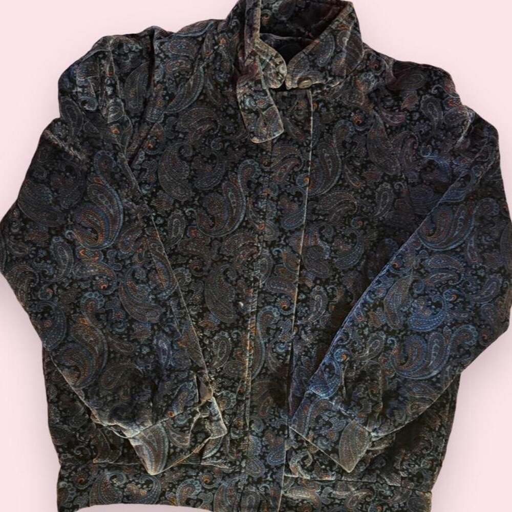 Vintage 90s Sara Roberts Velvet Paisley Quilted Bomber Jacket size Medium